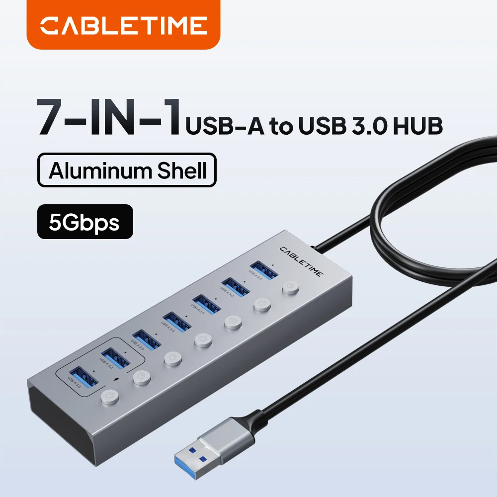 CABLETIME CB47G 7-in-1 USB A to USB A 3.0 5Gbps Switch Hub