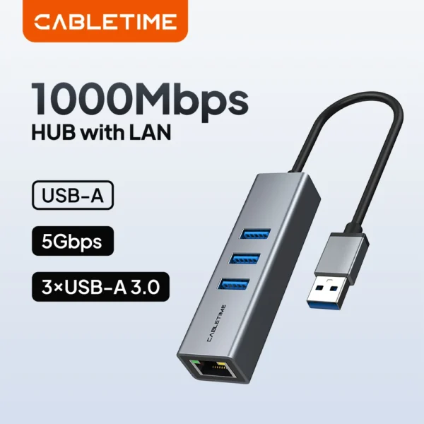 CABLETIME CB55G USB A 3.0 3 Port Hub With 1000Mbps RJ45 Gigabit Ethernet Adapter