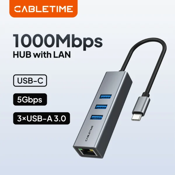 CABLETIME CB54G USB C 3 Port Hub With 1000Mbps RJ45 Gigabit Ethernet Adapter