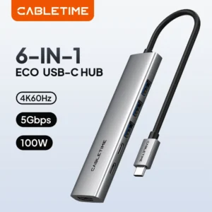 CABLETIME HB01G 6-in-1 4K 60Hz 100W USB C Ultra Slim Series Hub