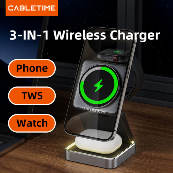 CABLETIME CE12B 3-in-1 Foldable Magnetic Wireless Charger
