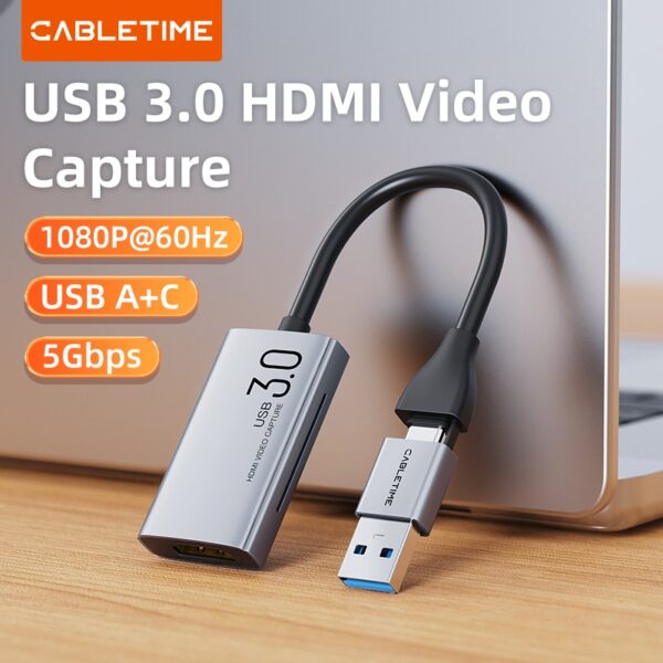 CABLETIME CB65G USB C+A to HDMI Video Capture Card