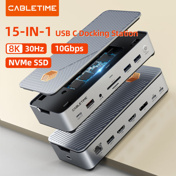 CABLETIME CB14S 15-in-1 8K USB C Multiport MST Docking Station with 10Gbps NVME SSD Enclosure