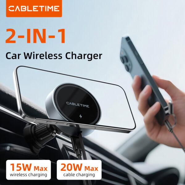 CABLETIME CE13B Wireless Car Charger With PD 20W Retractable Cable