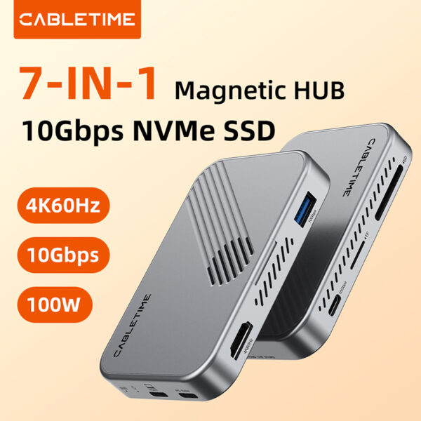 CABLETIME CB34S 7-in-1 4K 60Hz 100W with SSD enclosure USB C Magnetic Hub